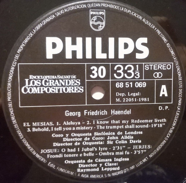 G. F. Haendel - Elly Ameling, Norma Burrowes, Heather Harper, Edith Mathis, Janet Baker, David Rendall, John Shirley-Quirk, Samuel Ramey, Orquesta Sinfónica De Londres – El Mesías / Josué / Jerjes / Julio César / Ariodante / Selecciones