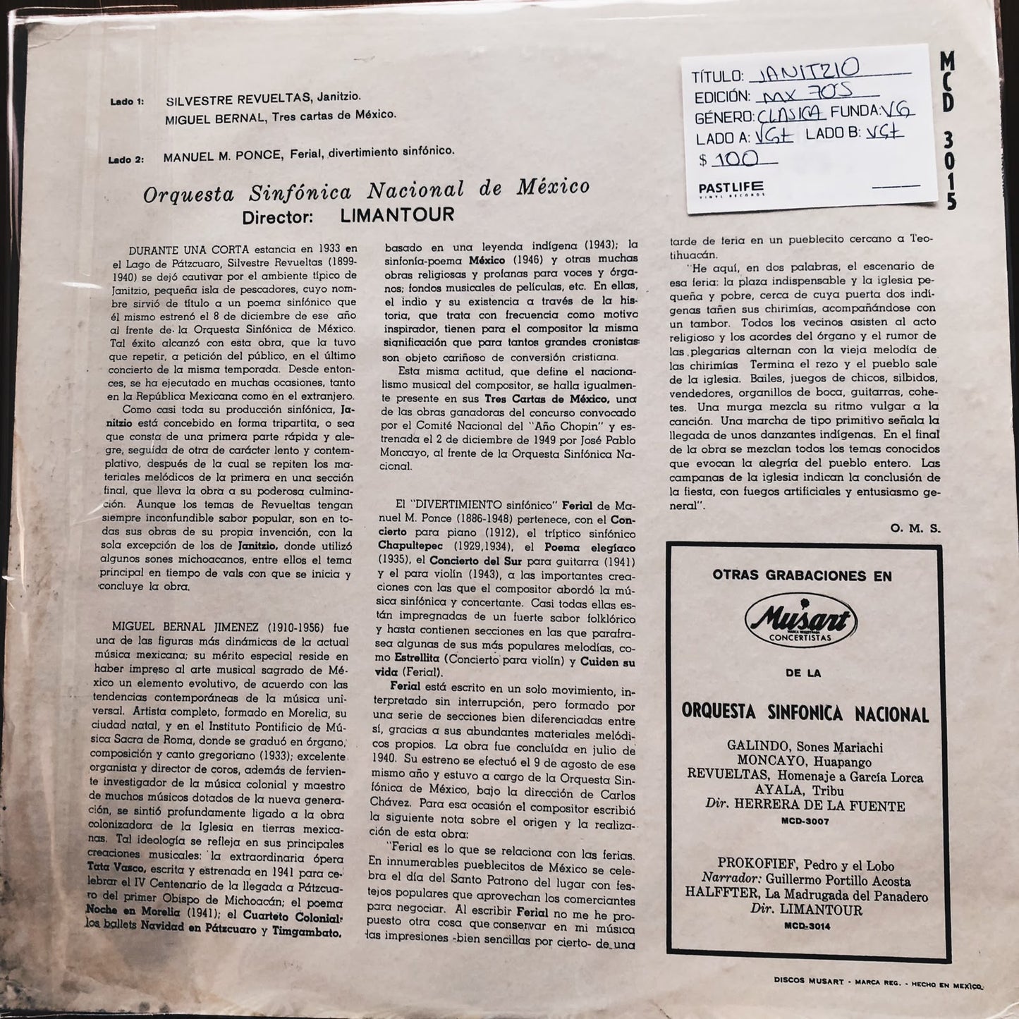 José Yves Limantour, Orquesta Sinfónica Nacional De México - Revueltas Janitzio, Bernal Tres Carta de Mexico,